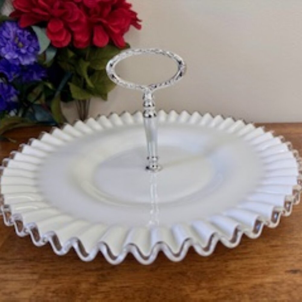 Vintage Fenton Silver Crest Milk Glass Handled Sandwich Tray Ruffled‎ Edge